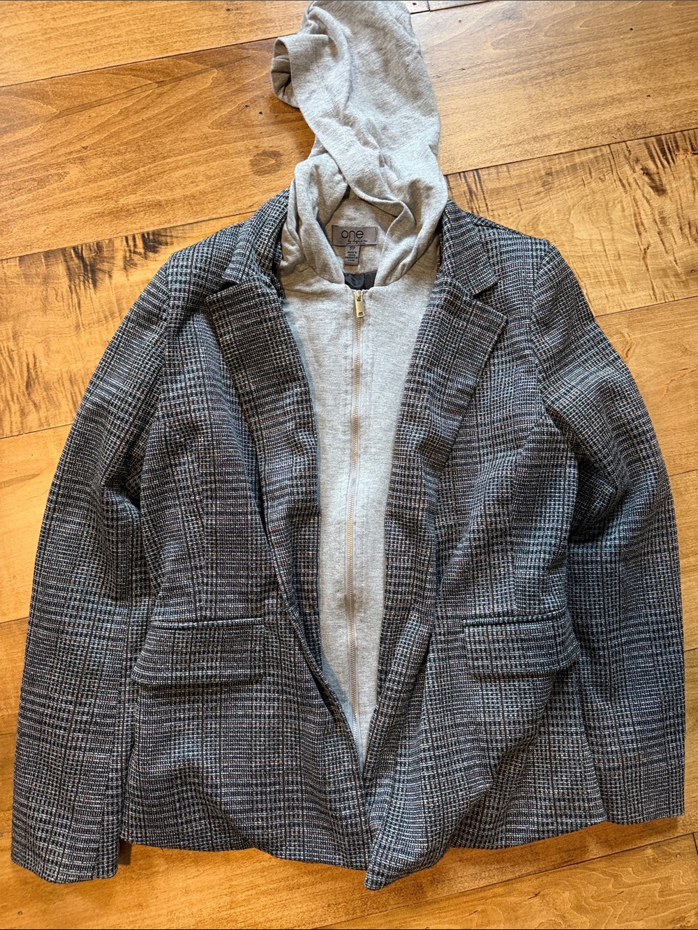 T.J.Maxx Gray Plaid Blazer with Light Gray Hoodie Insert